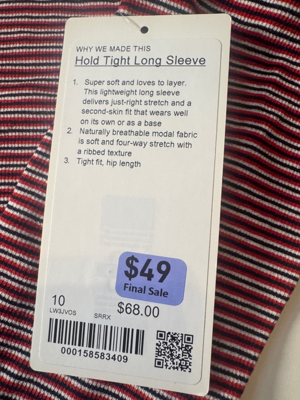 Lululemon NWT Hold Tight Long Sleeve SZ:10 Color: Surround Stripe Oxford Red Wht - Picture 9 of 10